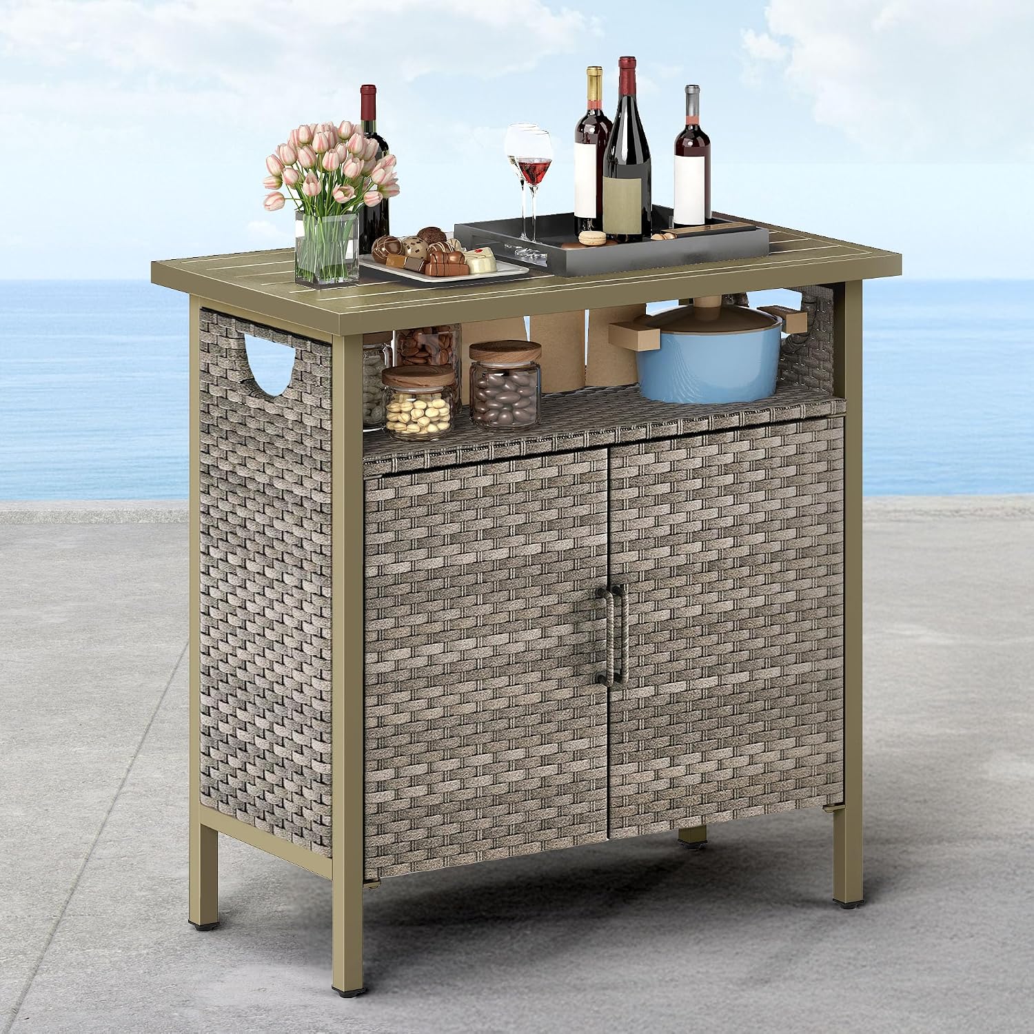 DWVO Patio Storage Cabinet, Outdoor Buffet Cabinet with Two Doors and Shelves, Outdoor Storage Table with PE Rattan for Patio, Backyard, Garden - Light Brown