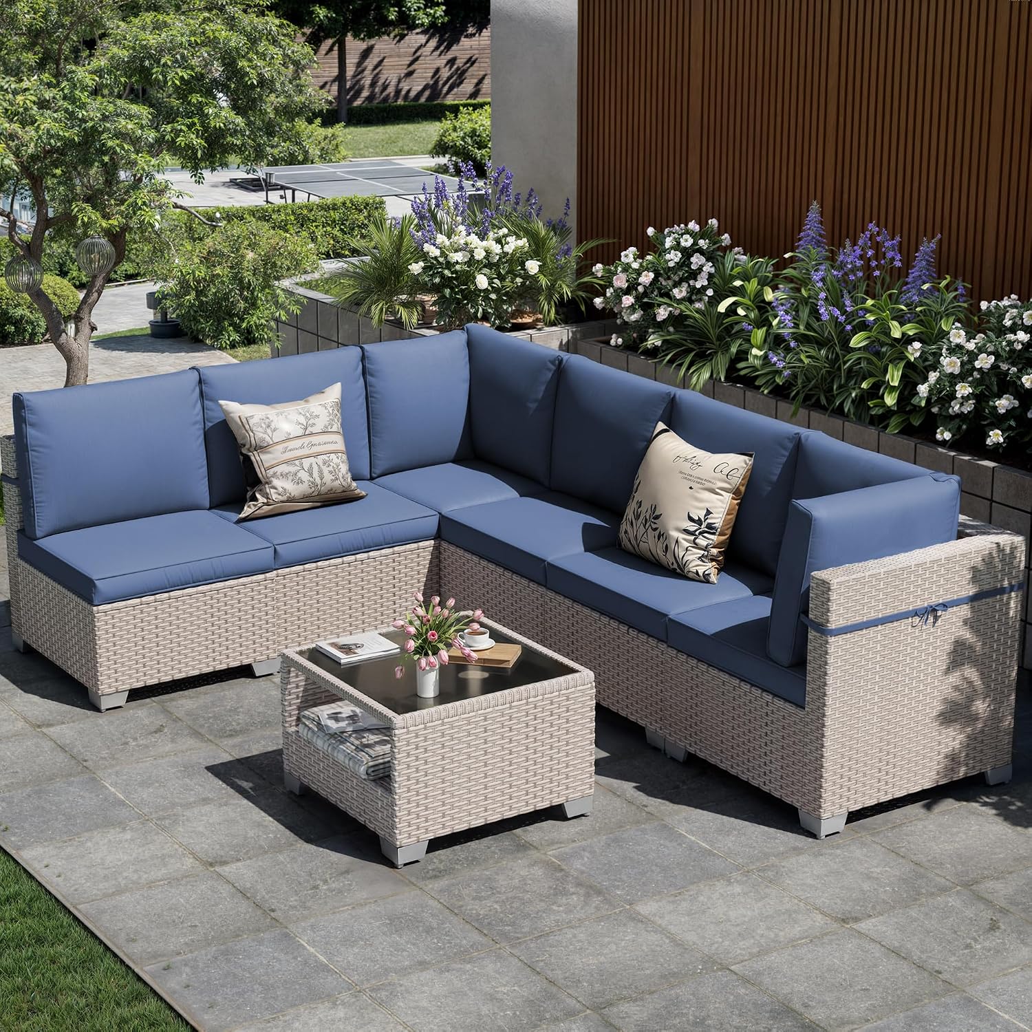 7 Pieces Patio Furniture Set, Outdoor Sectional Wicker Sofa with Thick Cushions and Storage Coffee Table, Rattan Patio Conversation Sets for Deck Yard Poolside, Navy
