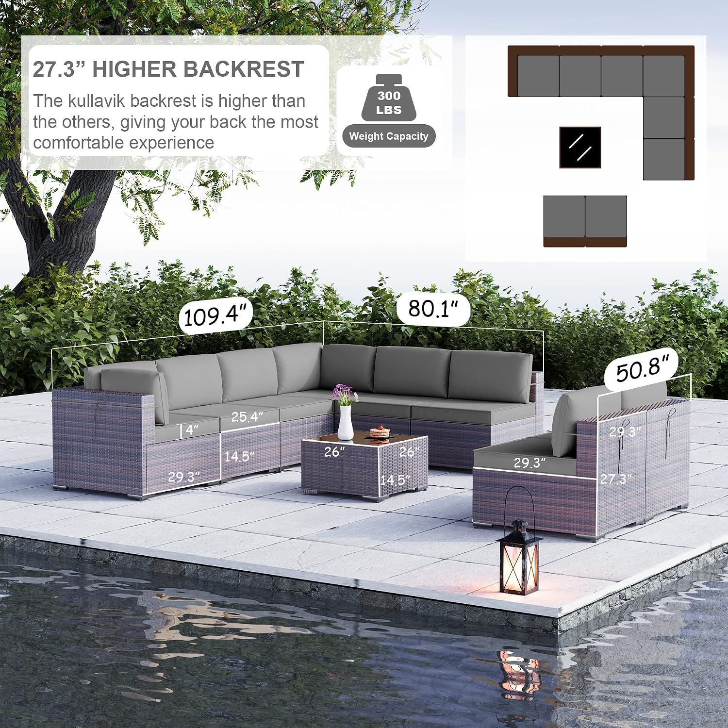 Kullavik 9 Pieces Outdoor Patio Furniture Set,Outdoor Sectional Rattan Sofa Set Brown PE Rattan Wicker Patio Conversation Set with Tempered Glass Coffee Table and Washable Cushions Covers,Grey