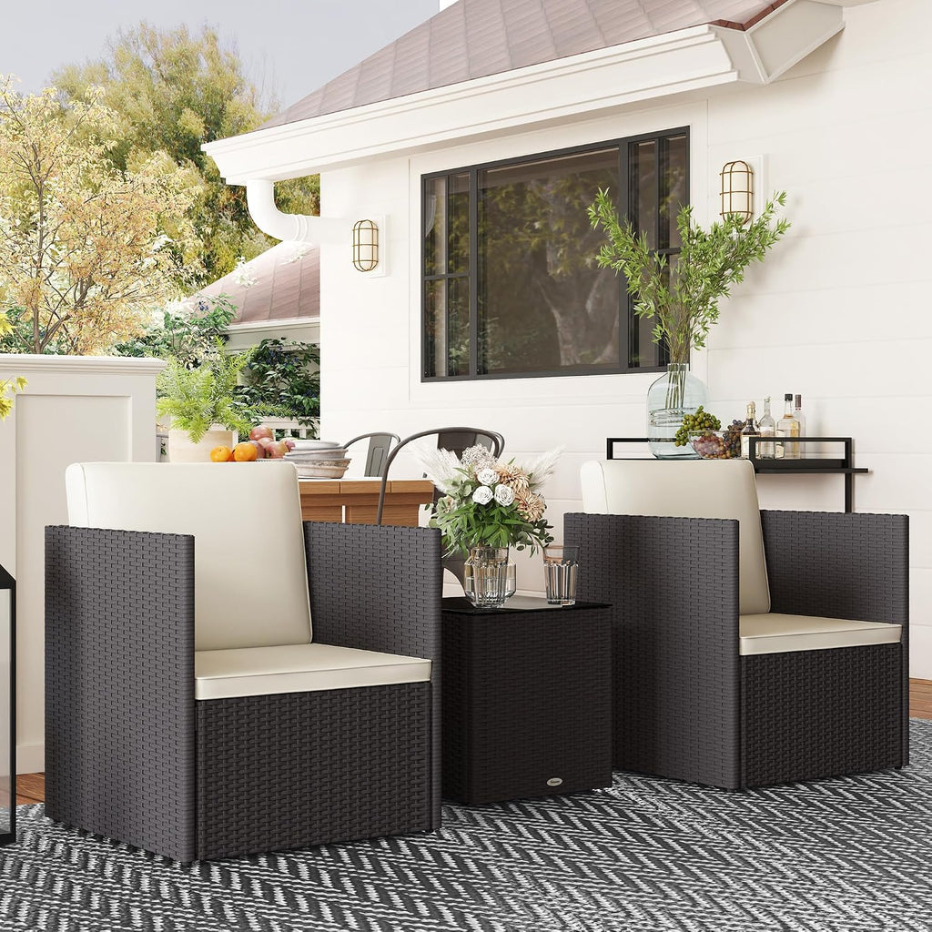 Outsunny 3 Piece Patio Furniture Set, Folding Outdoor Wicker Bistro Set with Washable Cushions, Adjustable Feet, and Glass Coffee Table, Easy Assembly for Garden, Balcony, Poolside, Backyard, Brown