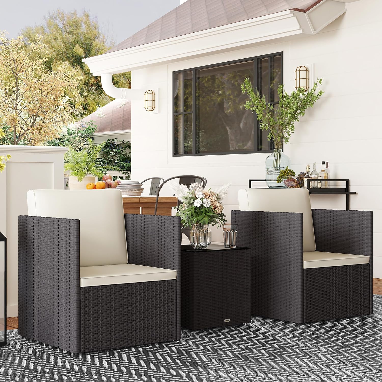 Outsunny 3 Piece Patio Furniture Set, Folding Outdoor Wicker Bistro Set with Washable Cushions, Adjustable Feet, and Glass Coffee Table, Easy Assembly for Garden, Balcony, Poolside, Backyard, Brown