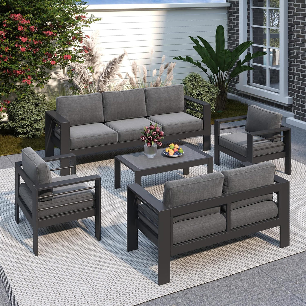 Solaste Aluminum Patio Furniture Set for All Weather, Oversized Metal Outdoor Furniture Set with 27.5' Deep Seating and 3.2' Wide Armrest, Outdoor Patio Conversation Sets with 10' Back Cushion, Gray