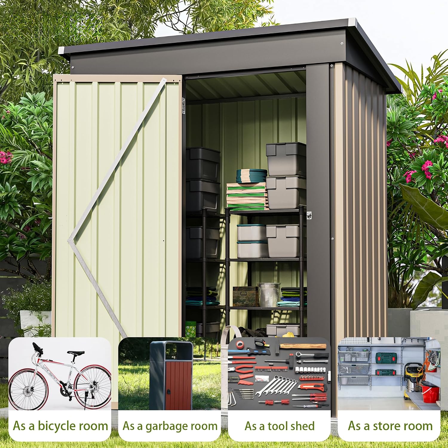 Patiowell 5x3 FT Outdoor Storage Shed, Tool Shed with Sloping Roof and Lockable Door, Metal Shed for Backyard Garden Patio Lawn, Brown