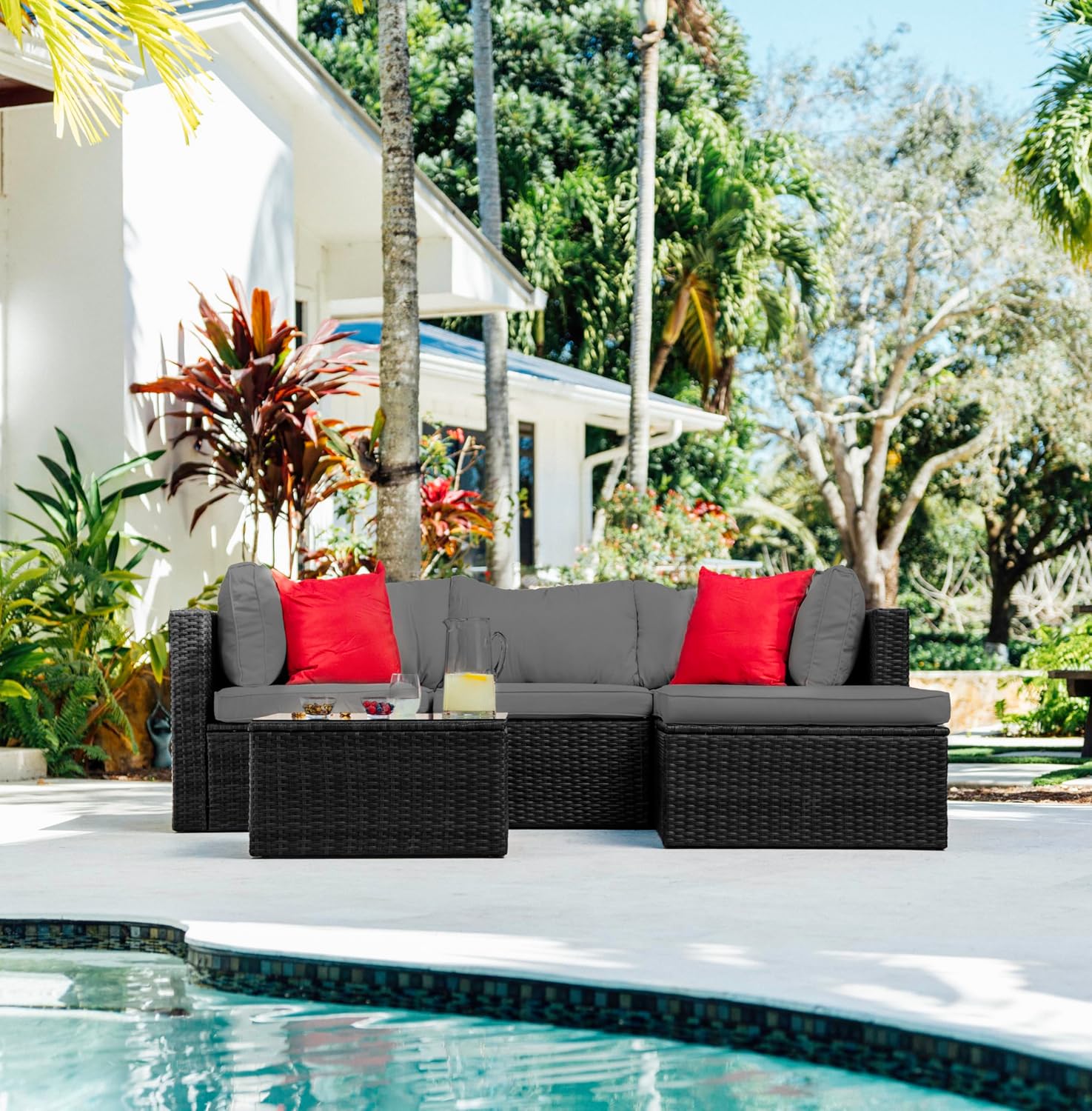 Nestl Outdoor Sectional Patio Furniture Set – 5 Piece Outdoor Patio Furniture Set with Outdoor Couch and Sectional Seating - Black with Charcoal Grey Cushions
