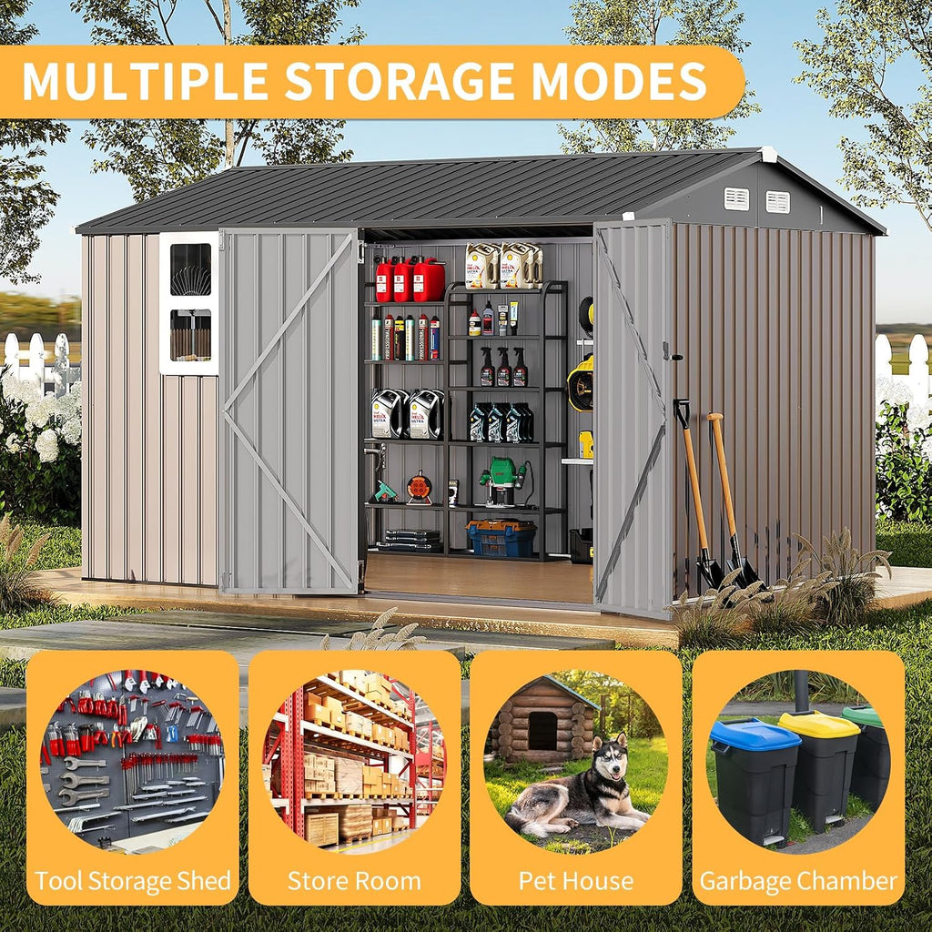GarveeLife 8x10 ft Outdoor Storage Shed, Metal Garden Tool Shed with Updated Frame Structure, Lockable Doors and Windows, Ideal for Backyard Garden Patio Lawn, Brown