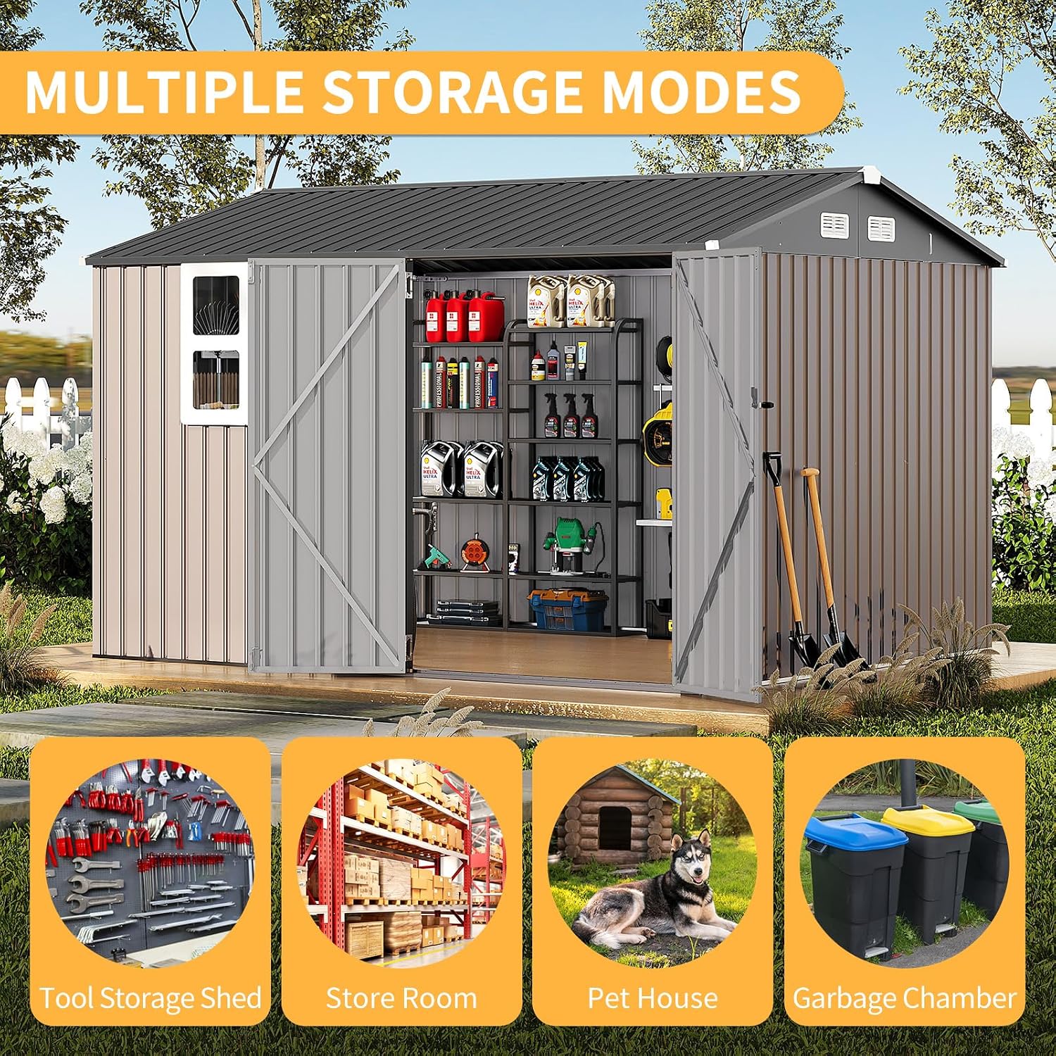GarveeLife 8x10 ft Outdoor Storage Shed, Metal Garden Tool Shed with Updated Frame Structure, Lockable Doors and Windows, Ideal for Backyard Garden Patio Lawn, Brown