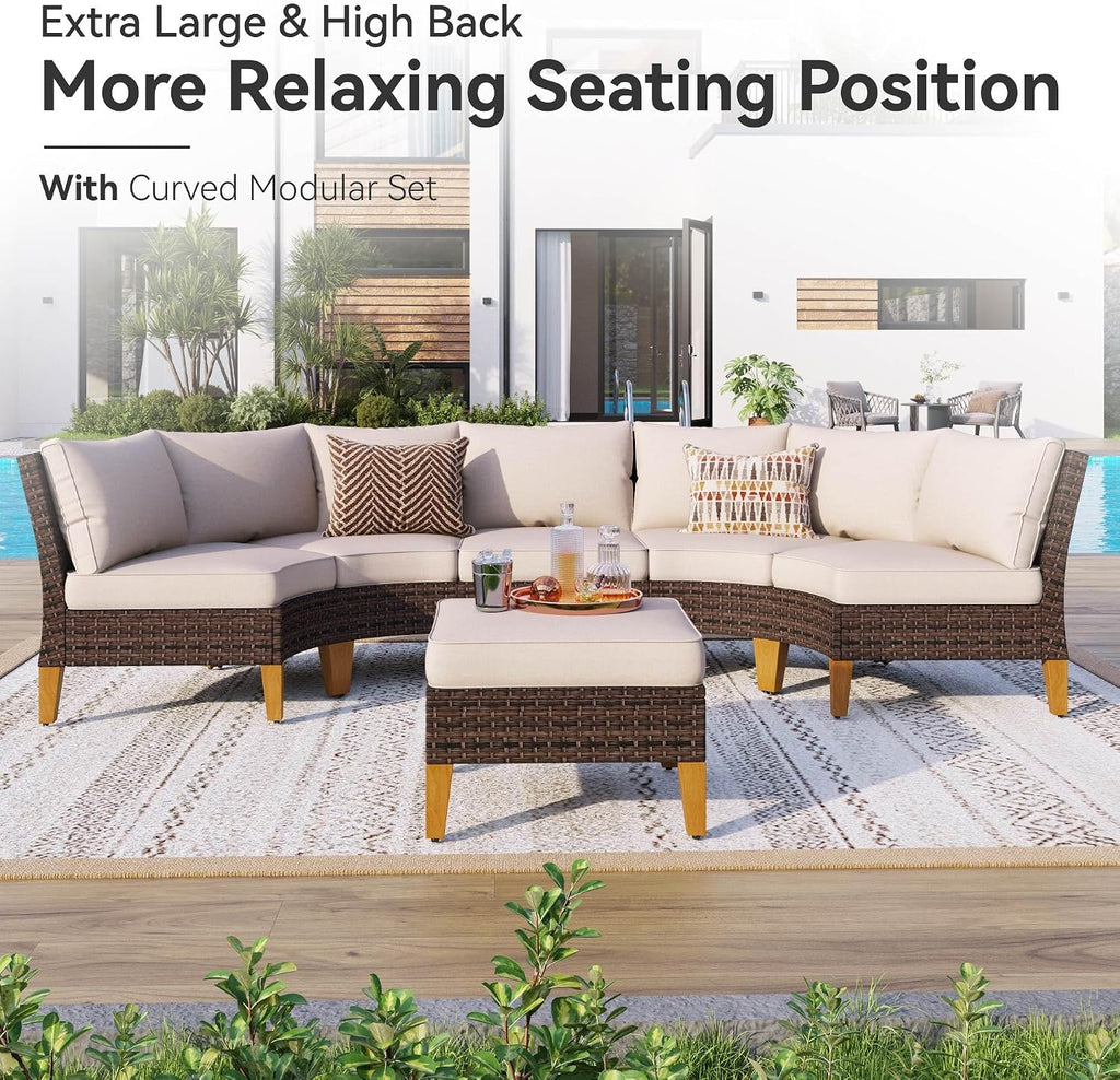 GREEN PARTY 7 Pieces Wicker Patio Furniture Set, All-Weather Outdoor Rattan Half-Moon Patio Curved Sectional Sofa Conversation Set for Garden, Backyard, 2 x Ottomans