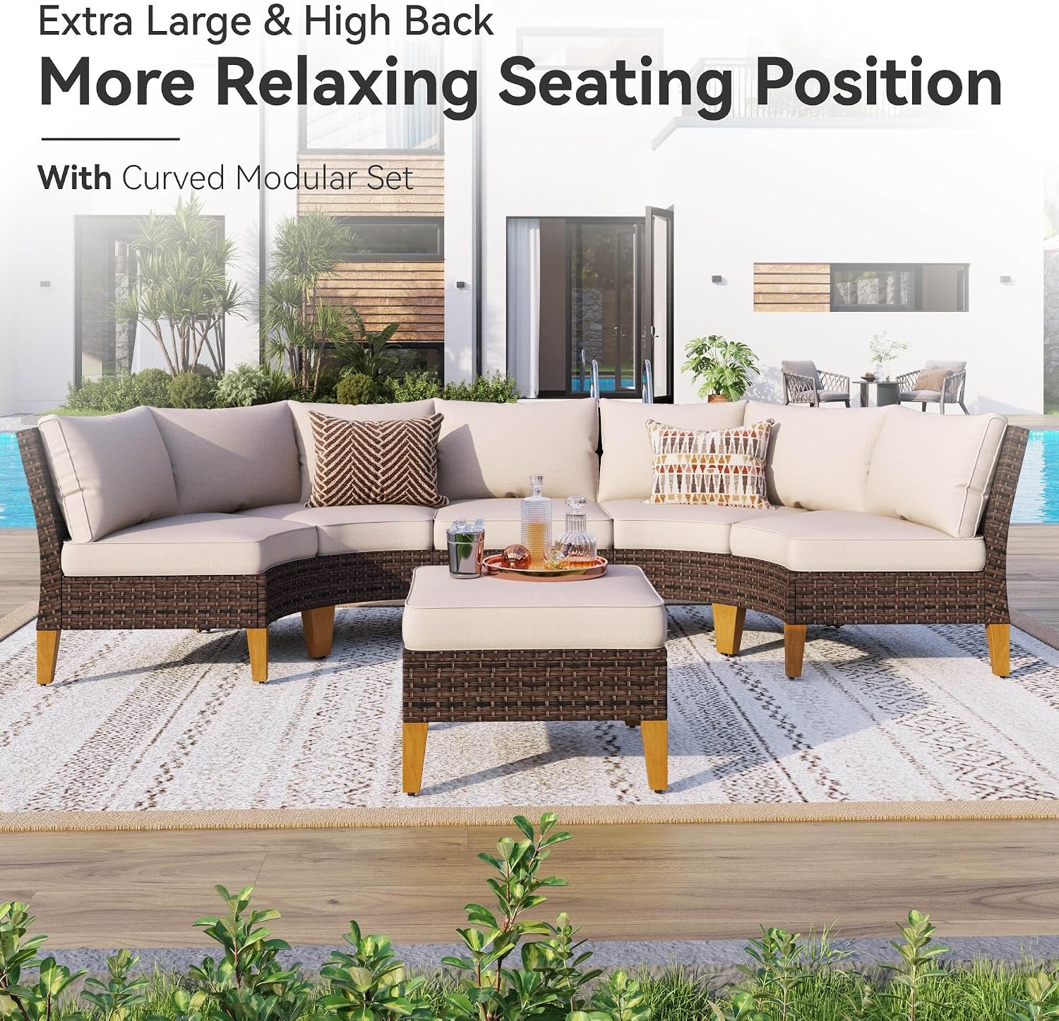 GREEN PARTY 7 Pieces Wicker Patio Furniture Set, All-Weather Outdoor Rattan Half-Moon Patio Curved Sectional Sofa Conversation Set for Garden, Backyard, 2 x Ottomans