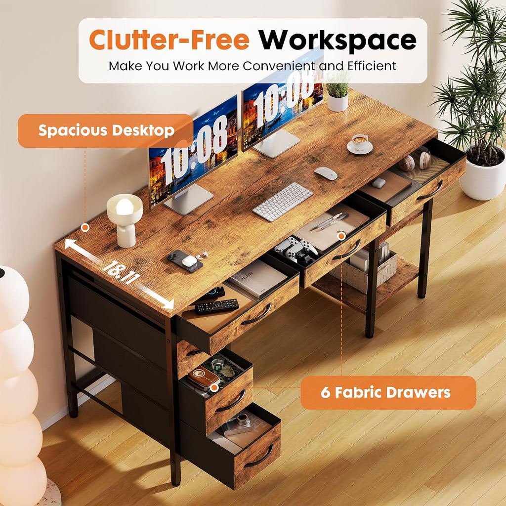Sweetcrispy 55' Computer Desk with 6 Drawers, Home Office Gaming Desks with Storage Shelves for Bedroom, Writing Study Corner Living Room Work Table Rustic Brown