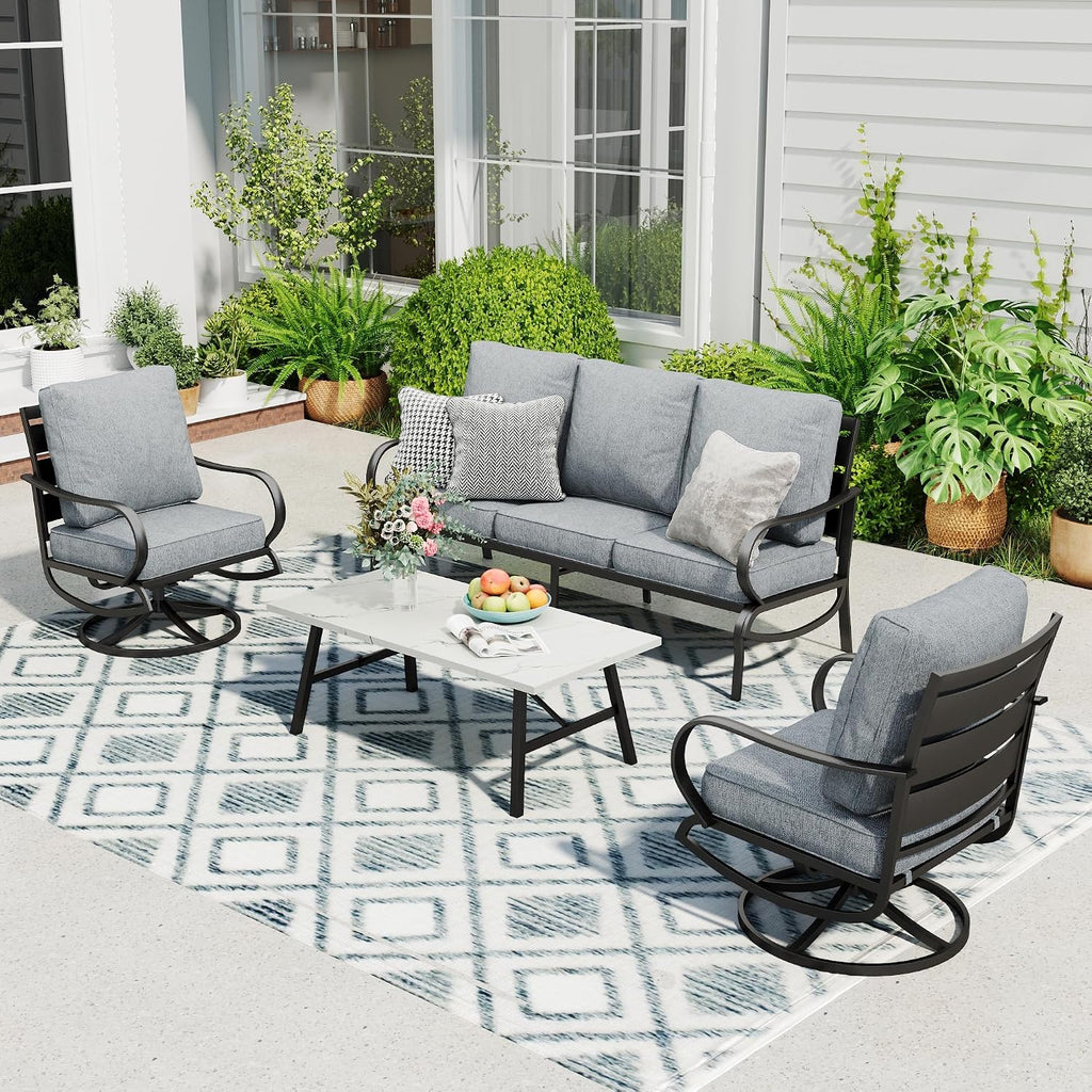 Sophia & William Patio Furniture Sets 5 Seats Outdoor Metal Conversation Sets 4 Pcs with 2 x Cushioned Swivel Sofa Chairs,1 x 3-Seat Sofa, 1x Marbling Metal Coffee Table Lawn Backyard Poolside Grey