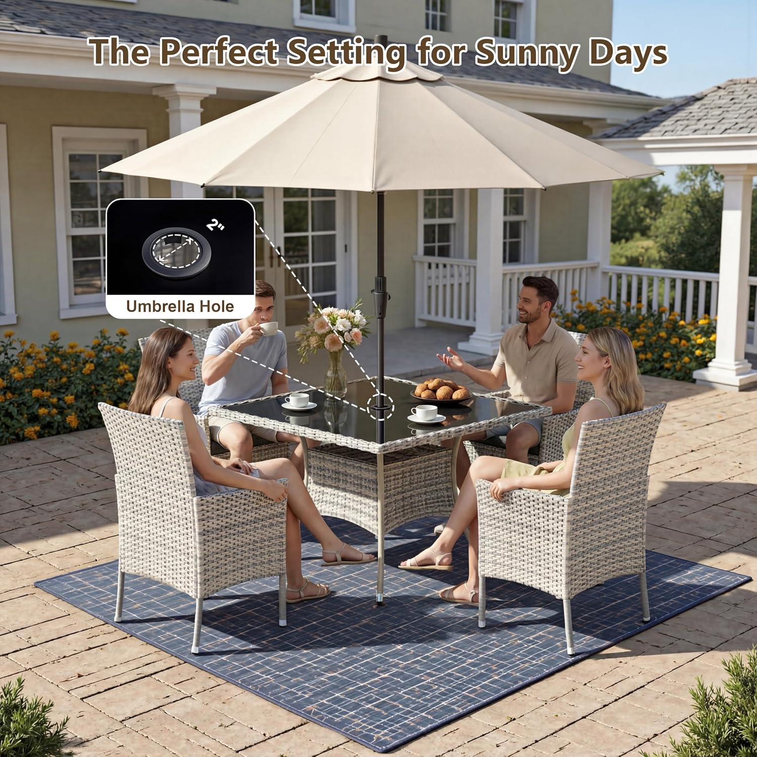Outdoor Dining Set, 5-Piece Patio Furniture Set with Tempered Glass Table and 4 Cushioned Chairs, Dual-Strand Wicker Rattan, Balcony Furniture for Backyard, Garden, Deck,– Black