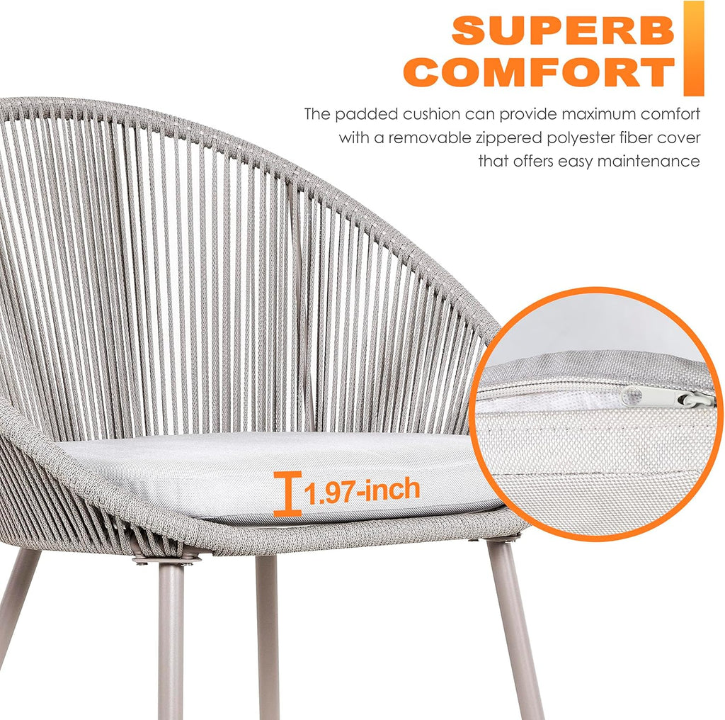 NUU GARDEN 3 Piece Outdoor Bistro Set, Woven Rope Conversation Patio Set, All Weather Patio Furniture Chairs and Table with Cushions for Garden, Deck, Backyard, Balcony, Porch, Beige