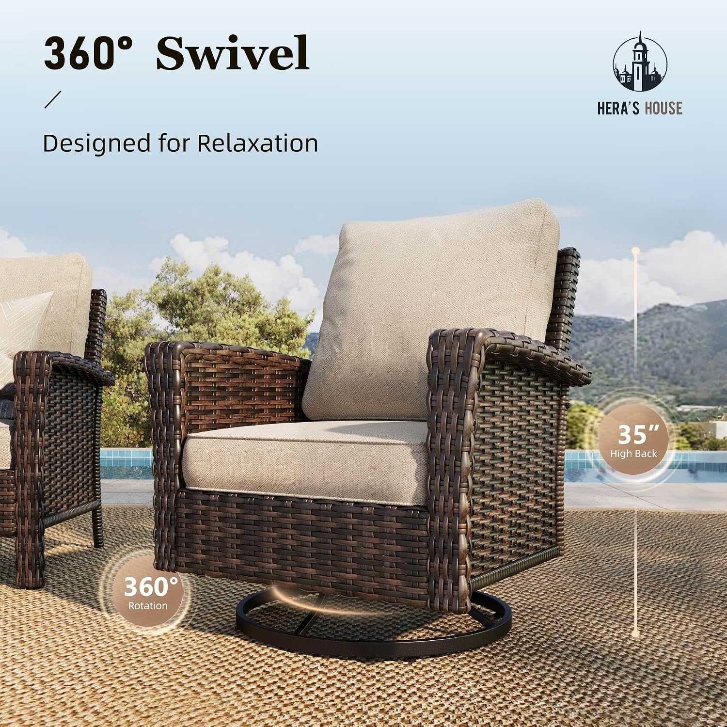 HERA'S HOUSE Patio Furniture Set with Swivel Chairs, High Back Outdoor Wicker Furniture with 5.5' Thick Cushions, Outside Conversation Sofa Sets for Backyard Deck Lawn, Beige