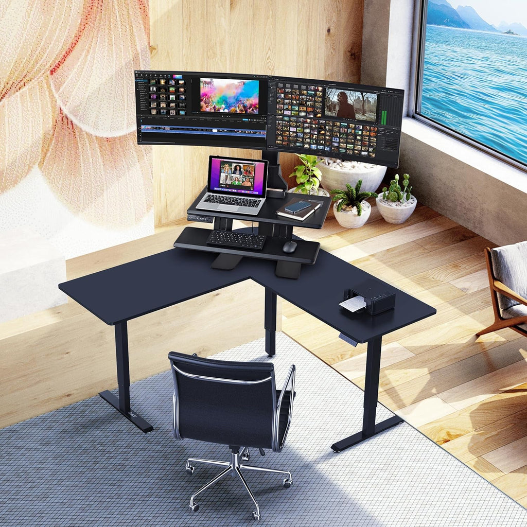 AVLT Electric Standing Desk Converter for Dual 32' Monitors, Motorized Sit to Stand Riser with 28'x16' Tabletop, Large Keyboard Tray, Height Adjustable, Sturdy Base, Small Footprint