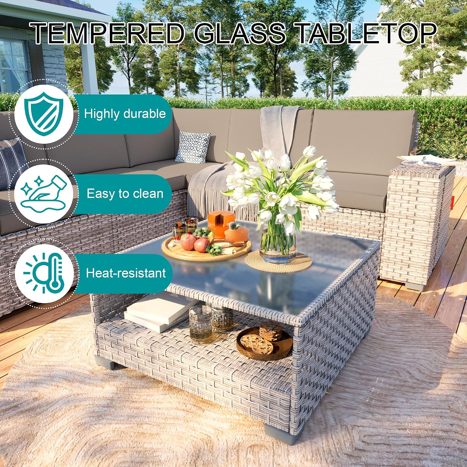 6-Piece Patio Furniture Set, Outdoor Extra Wide Armrest Modular Patio Sofa, Dual-Strand Rattan Wicker, Rust-Resistant Frame, Backyard High Back, Large Seat Furniture for Porch Garden Balcony, Khaki