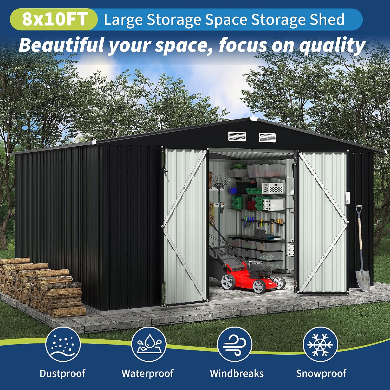 8x10 FT Metal Storage Sheds Outdoor, MetalTool Shed with Lockable Door, MetalYard Sheds Garden Shed Kit, Metal UtilitySheds Buildings with Air Vent for Backyard Garden Patio Lawn