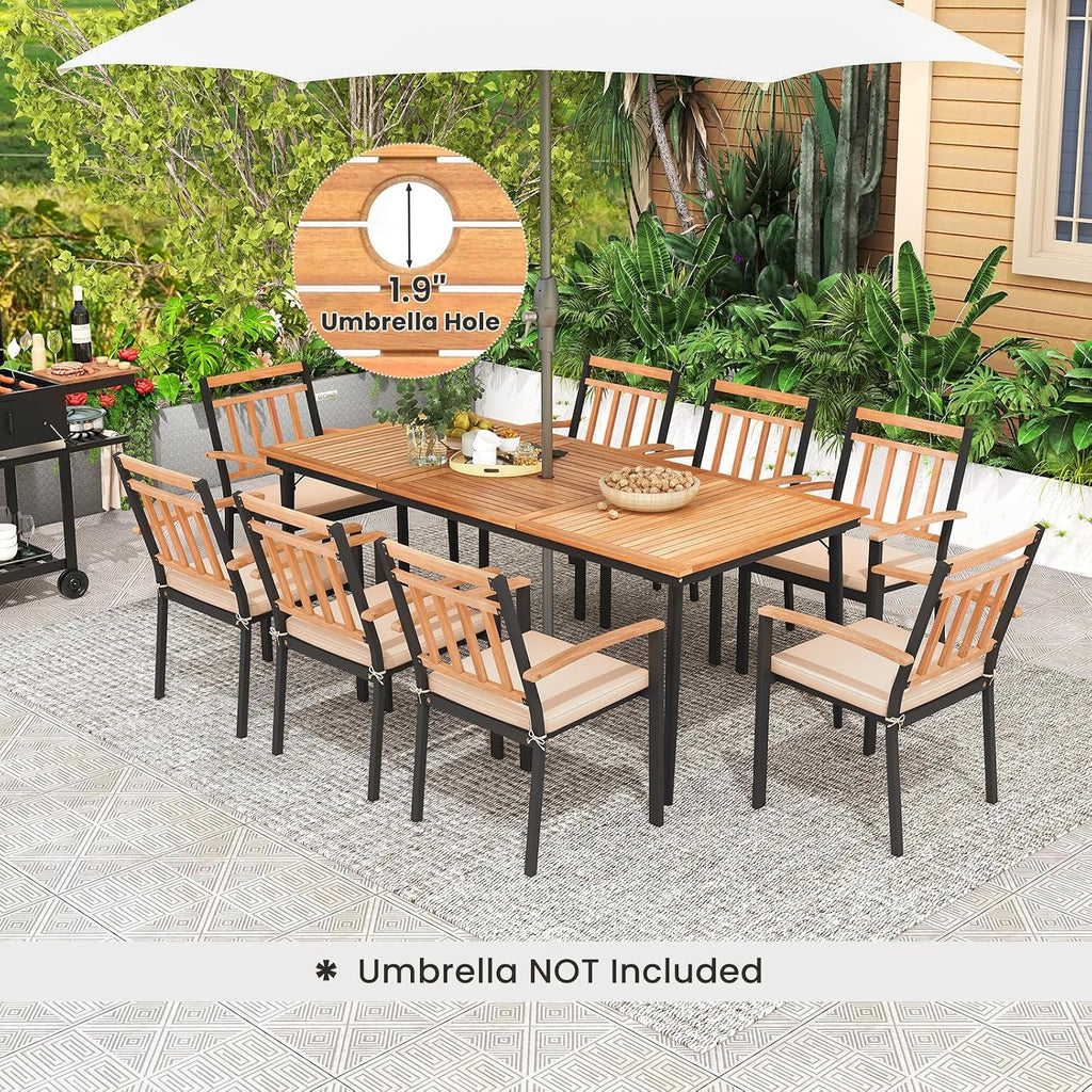 Tangkula 9-Piece Patio Dining Set, 79' Rectangle Dining Tables with 8 Wooden Armchairs, Outdoor Acacia Wood Dining Furniture Set with 1.9' Umbrella Hole for Garden, Porch, Deck