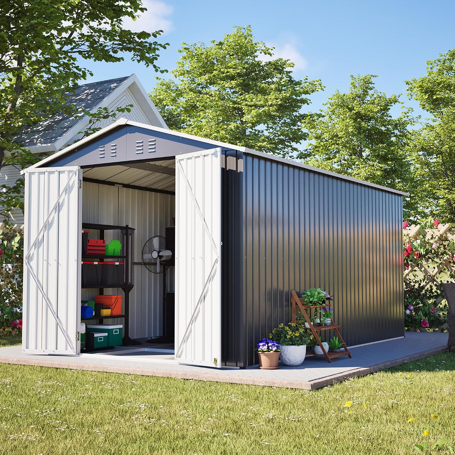 8 * 12 FT Outdoor Storage Shed with Floor Frame Heavy-Duty Metal Sheds & Outdoor Storage with Vents, Sloping Roof and Lockable Doors Waterproof Garden Tool Shed for Backyard Patio Lawn, Grey