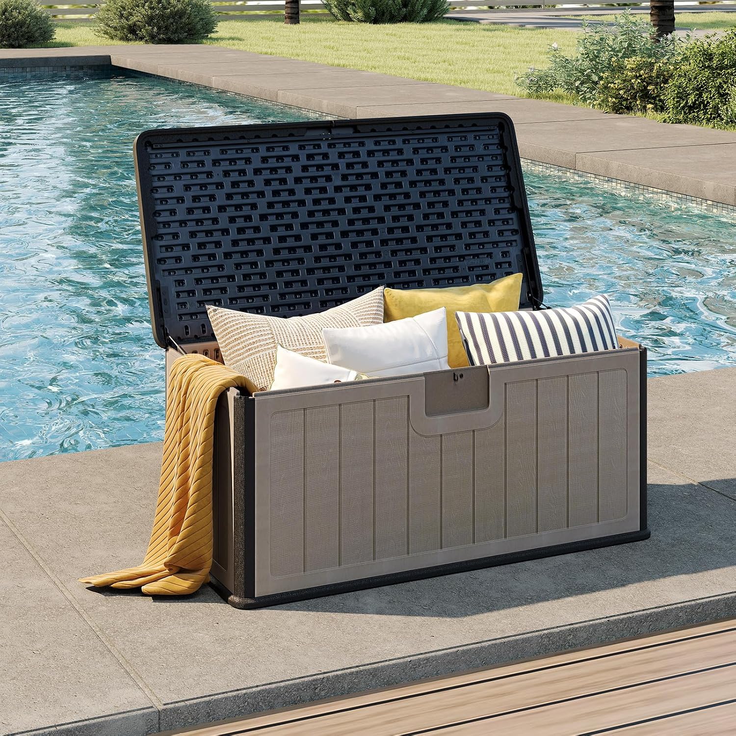 Tangkula 100 Gallon Outdoor Storage Box, Resin Outdoor Storage Bench with Lockable Lid, Waterproof Deck Box for Garden Tools, Pool Accessories, Cushions (100 Gallon,Black+Brown)