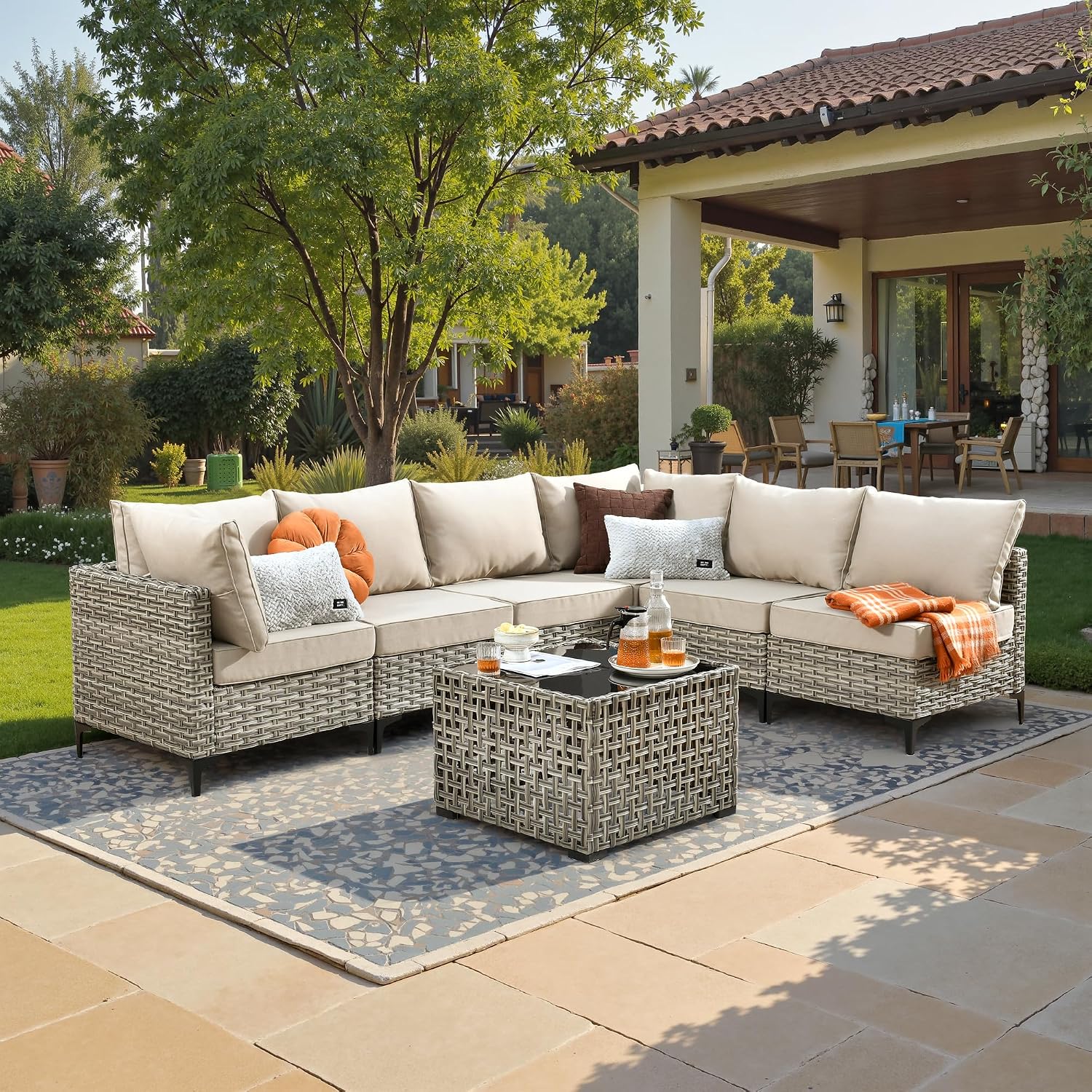 ovios 7 Piece Outdoor Patio Furniture with Glowing Coffee Table, Rattan Wicker Conversation Set with Sofa, Sectional Single Chairs for Outside Porch Balcony Backyard Pool,Beige
