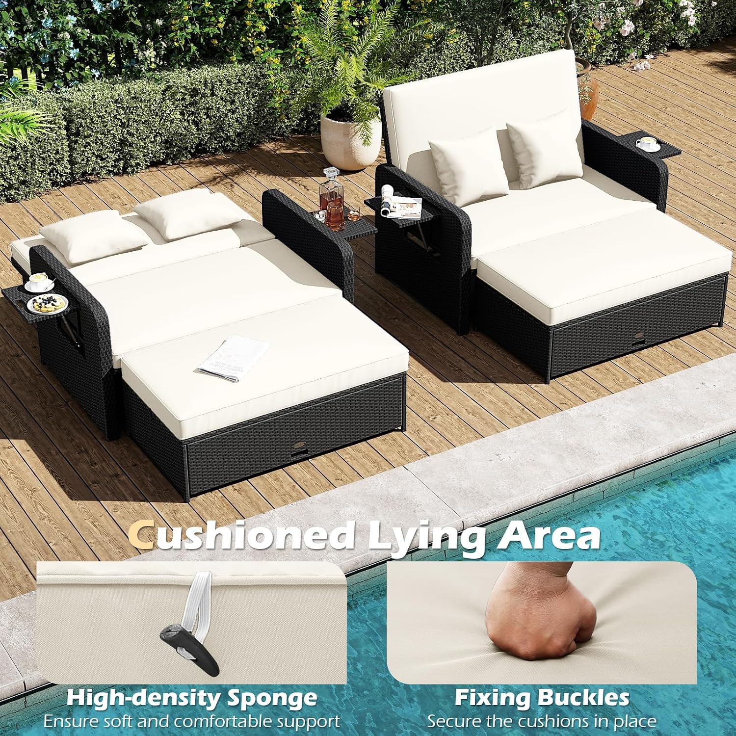 Tangkula Patio Rattan Daybed with 4-Level Adjustable Backrest, Outdoor PE Wicker Loveseat with Storage Ottoman & Folding Side Tray, Double Sunbed Lounger for Balcony, Backyard & Poolside (White)