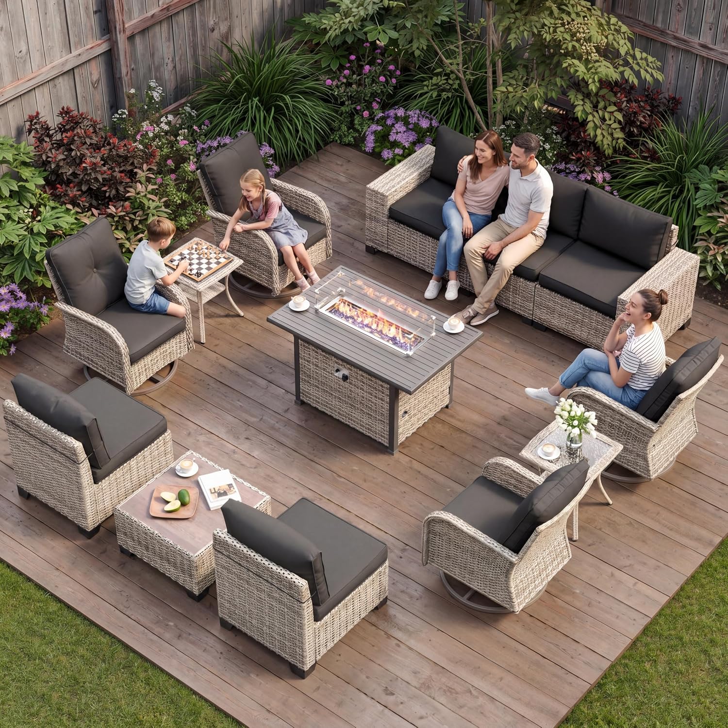 13-Piece Outdoor Patio Furniture Set with Rocking Swivel Chair, PE Wicker Rattan Sectional Sofa Patio Conversation Set with 55,000 BTU Fire Pit Table & Coffee Table, Dark Grey