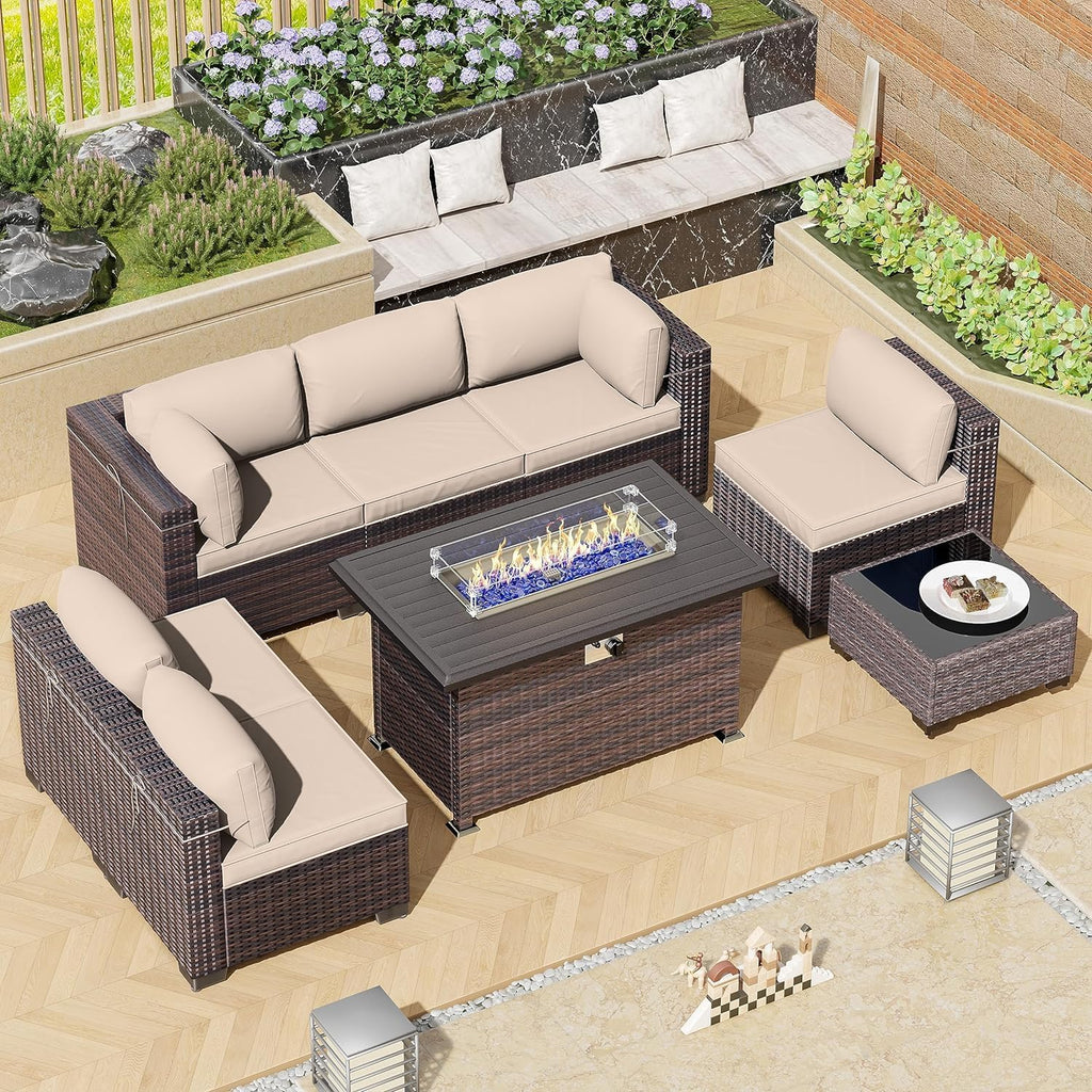 8 Pieces Outdoor Patio Furniture Set,Outdoor Sectional Furniture with 43' 55000 BTU Gas Propane Fire Pit Table,All Weather PE Rattan Wicker Patio Conversation Set,Sand