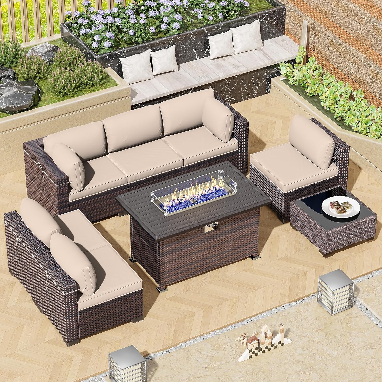 8 Pieces Outdoor Patio Furniture Set,Outdoor Sectional Furniture with 43' 55000 BTU Gas Propane Fire Pit Table,All Weather PE Rattan Wicker Patio Conversation Set,Sand