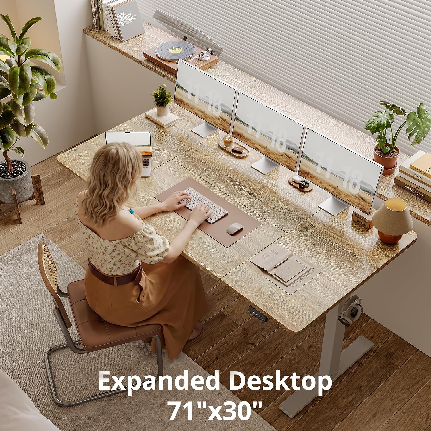 TIQLAB Electric Height Adjustable Standing Desk 71 * 30 inch, Sit Stand Desk with Splice Board, Memory Controller, White Frame & Maple Top Computer Workstation for Home Office