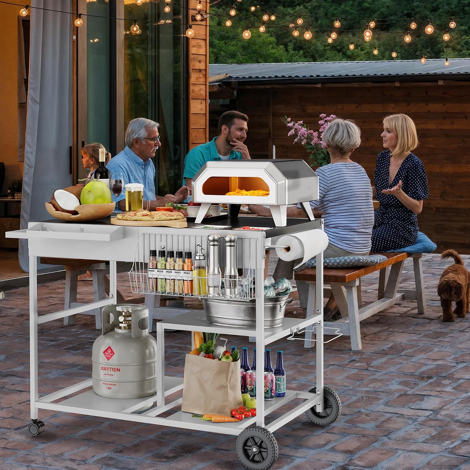 JY QAQA Outdoor Pizza Oven Stand with Condiment Shelf, Outdoor Cooking Cart, Grill Worktable for Patio, Food Prep Station Fits Ninja Woodfire Grill, Cuisinart Grill, Blackstone Griddle