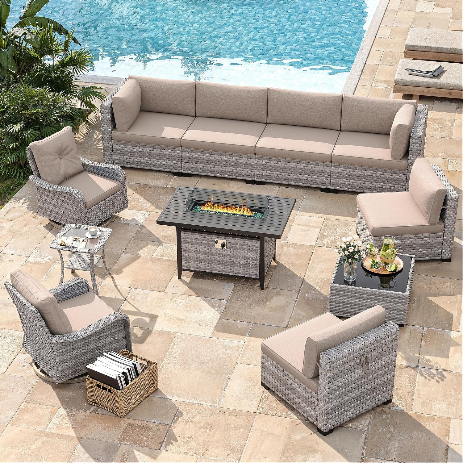 8-Seat Outdoor Wicker Patio Furniture Set with Fire Pit Table, Modular Rattan Sectional Sofa & 2 Swivel Rocking Chairs, 4' Thick Cushions, Rust-Resistant Frame,Beige