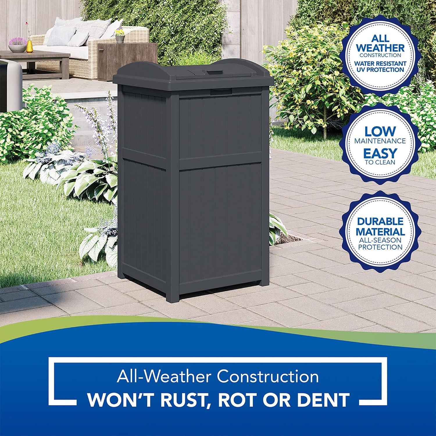 Suncast 2 Pack Trash Hideaway Refuse Container, Stylish Resin Outdoor Garbage Bin with Latching Lid, 30 to 33 Gallon Capacity, Cyberspace