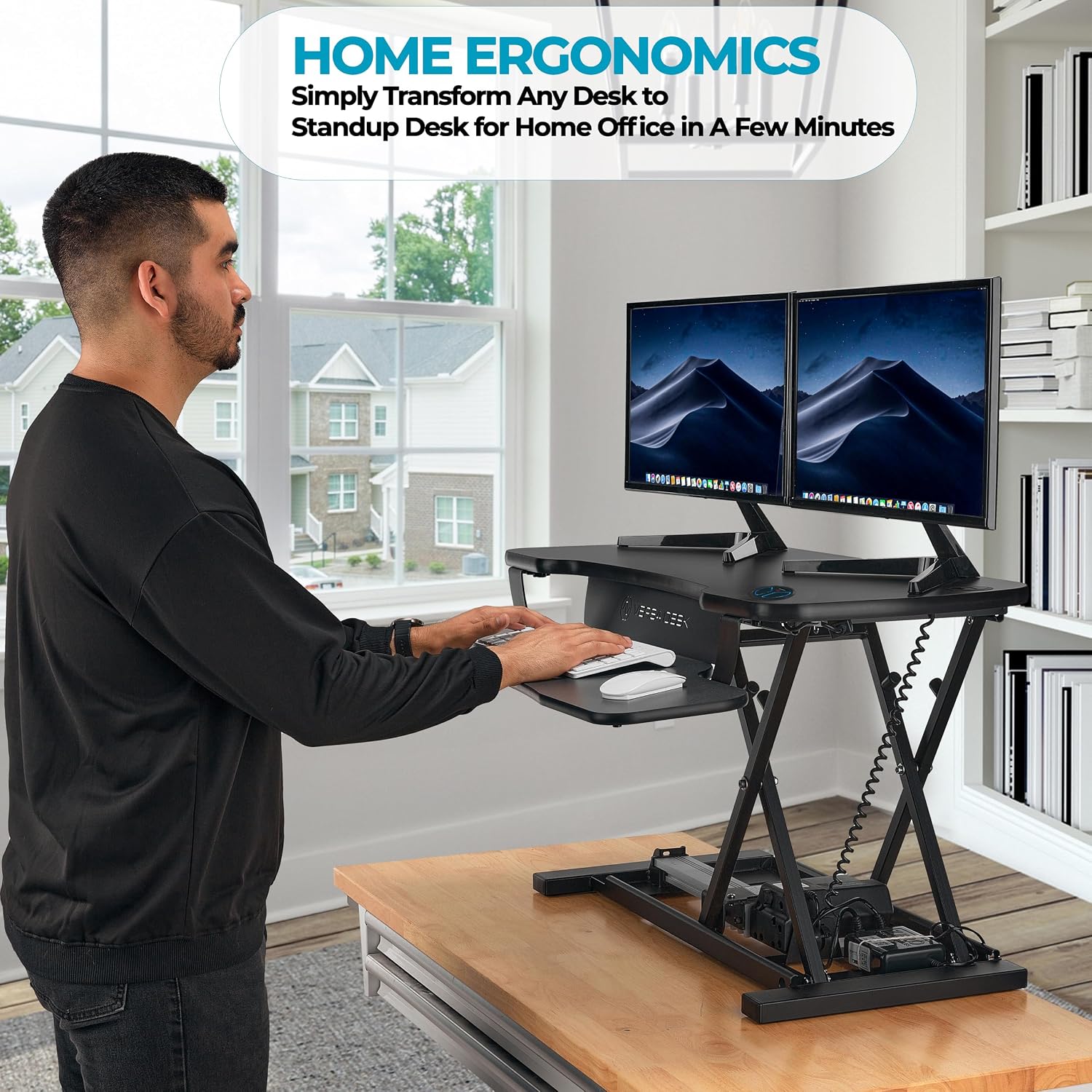 VERSADESK PowerPro™ 36 Inch Electric Standing Desk Converter, Height Adjustable Sit to Stand Up Desk Riser, Laptop and Dual Monitor Desktop Workstation with Wide Keyboard Tray and USB Port, Black