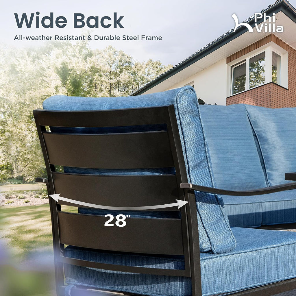 PHI VILLA 7 PCS Patio Furniture Set,Metal Outdoor Furniture with 1x 3 Seater Cushioned Deep Seating Bench Sofa, 2 Swivel Chair, 2 x Leg Chairs & 2 Ottoman for 7 Person, Peacock Blue