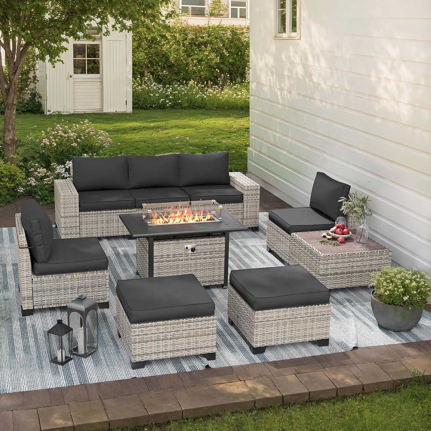 9-Piece Outdoor Patio Furniture Set with 55,000 BTU Fire Pit Table, PE Wicker Rattan Sectional Sofa Patio Conversation Set with Ottomans & Coffee Table, Dark Grey