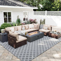 UPHA 9 Pieces Patio Furniture Sets, Wicker Outdoor Sectional Sofa Couch with Rectangle Propane Pit for Deck Backyard Garden, Brown Rattan, Beige Cushion