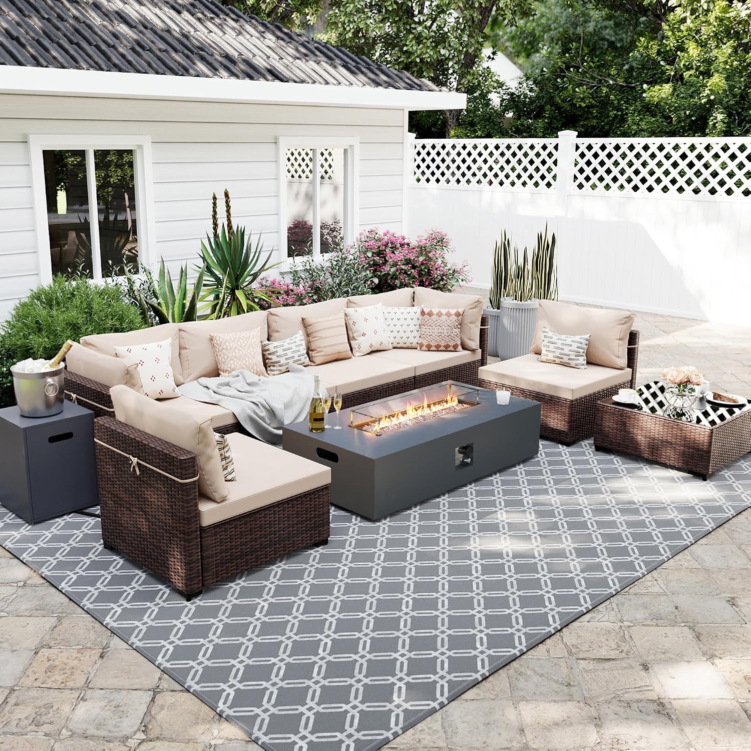 UPHA 9 Pieces Patio Furniture Sets, Wicker Outdoor Sectional Sofa Couch with Rectangle Propane Pit for Deck Backyard Garden, Brown Rattan, Beige Cushion