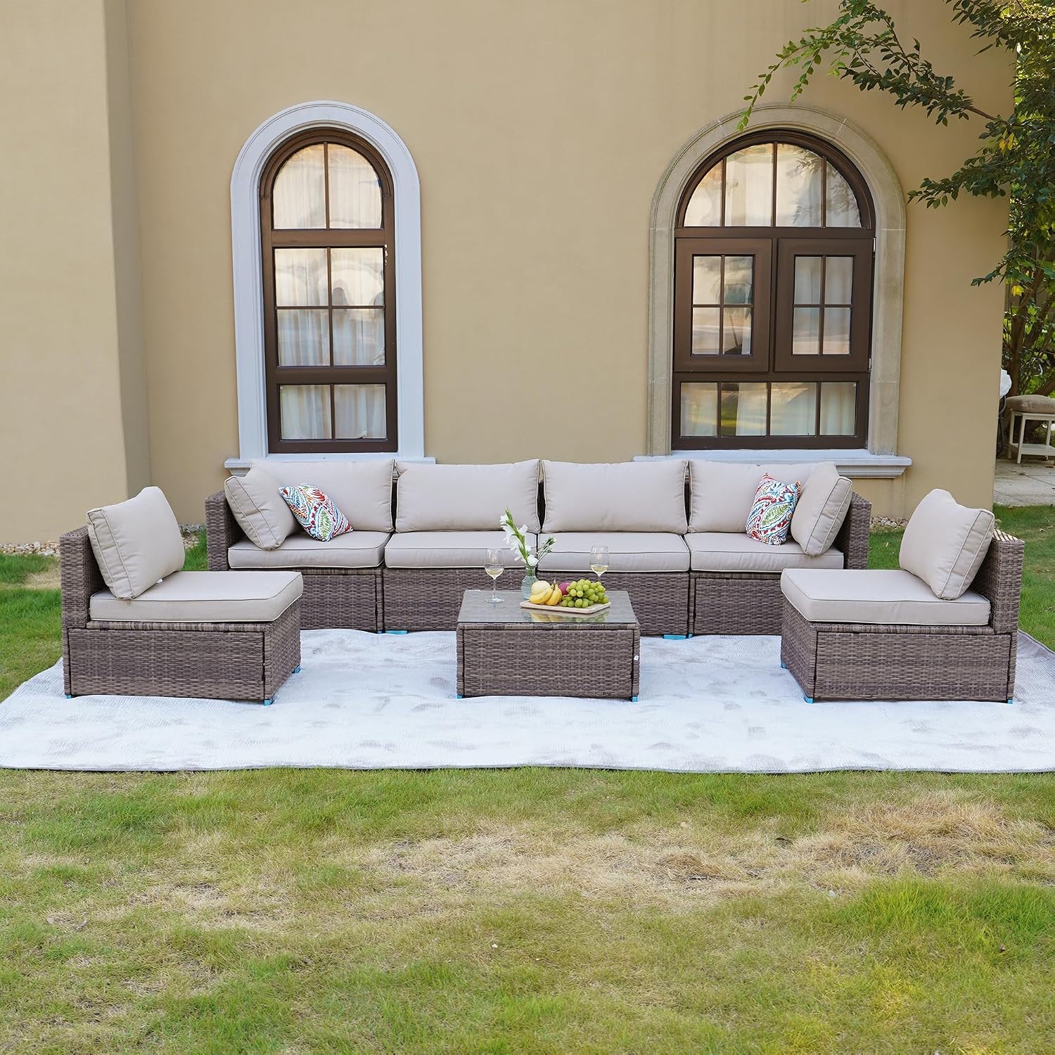 7-Piece Outdoor Patio Furniture Set, All-Weather PE Rattan Sectional Sofa Conversation Set with Glass Coffee Table, Brown Wicker Furniture for Backyard, Spring