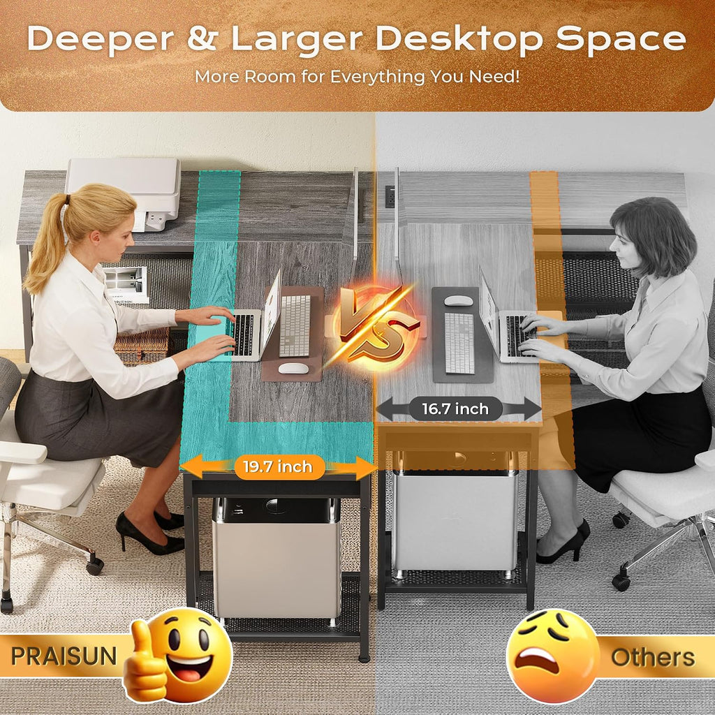 PRAISUN 55 Inch L Shaped Office Desk with Power Outlets and Type-C Port, Large Computer Gaming Desk with 3 Fabric Drawers, Mesh Shelves, Corner Study Work Writing Desk, Grey