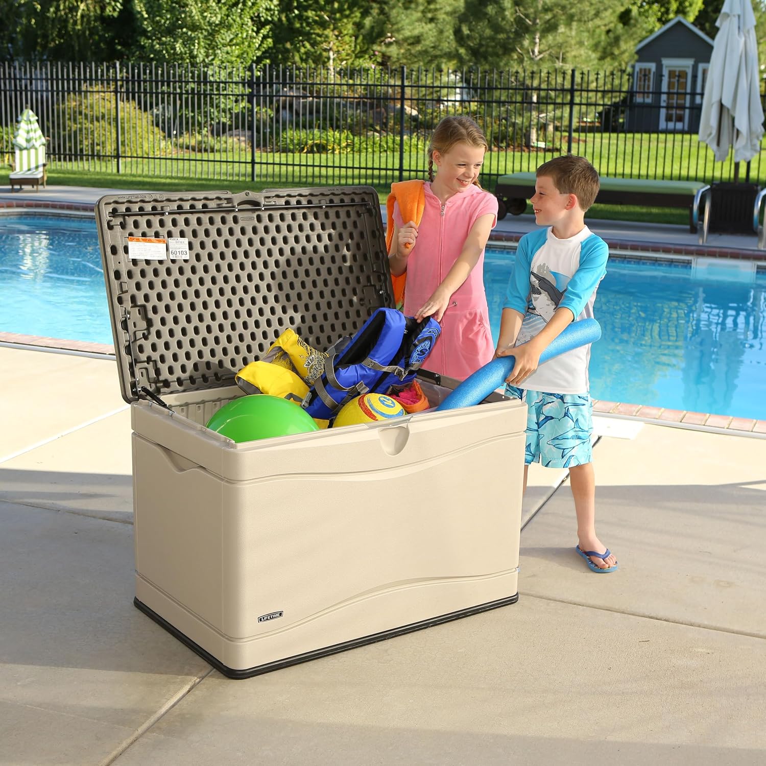 LIFETIME 60103 Deck Storage Box, 80 Gallon, Desert Sand/Brown
