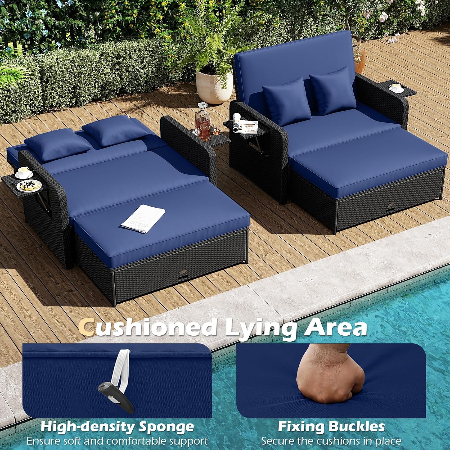 Tangkula Patio Rattan Daybed with 4-Level Adjustable Backrest, Outdoor PE Wicker Loveseat with Storage Ottoman & Folding Side Tray, Double Sunbed Lounger for Balcony, Backyard & Poolside (Navy)
