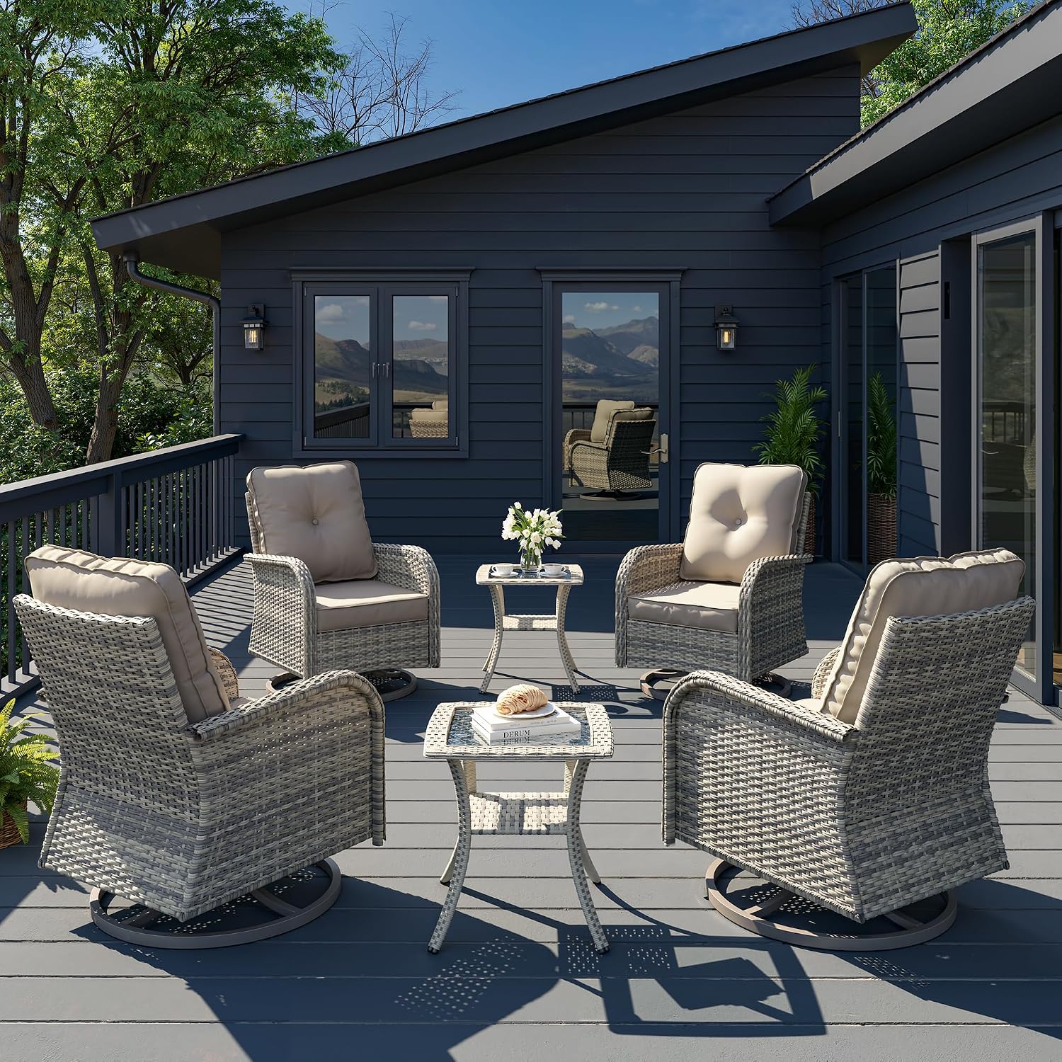 6-Piece Patio Rocking Swivel Chair Outdoor Wicker Rattan Bistro Set with Tempered Glass Side Table, Outdoor Patio Furniture Set for Garden, Deck, and Balcony, Sand