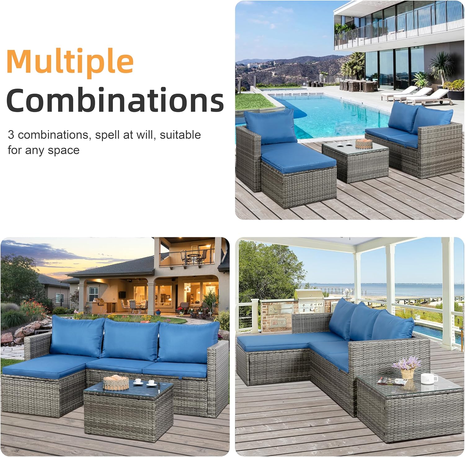 Shintenchi Outdoor Patio Furniture Sets, Small Outdoor Sofa Patio Sectional Sets 3-Piece All Weather Wicker Rattan Seating Sofas with Glass Coffee Table and Cushion (Blue)