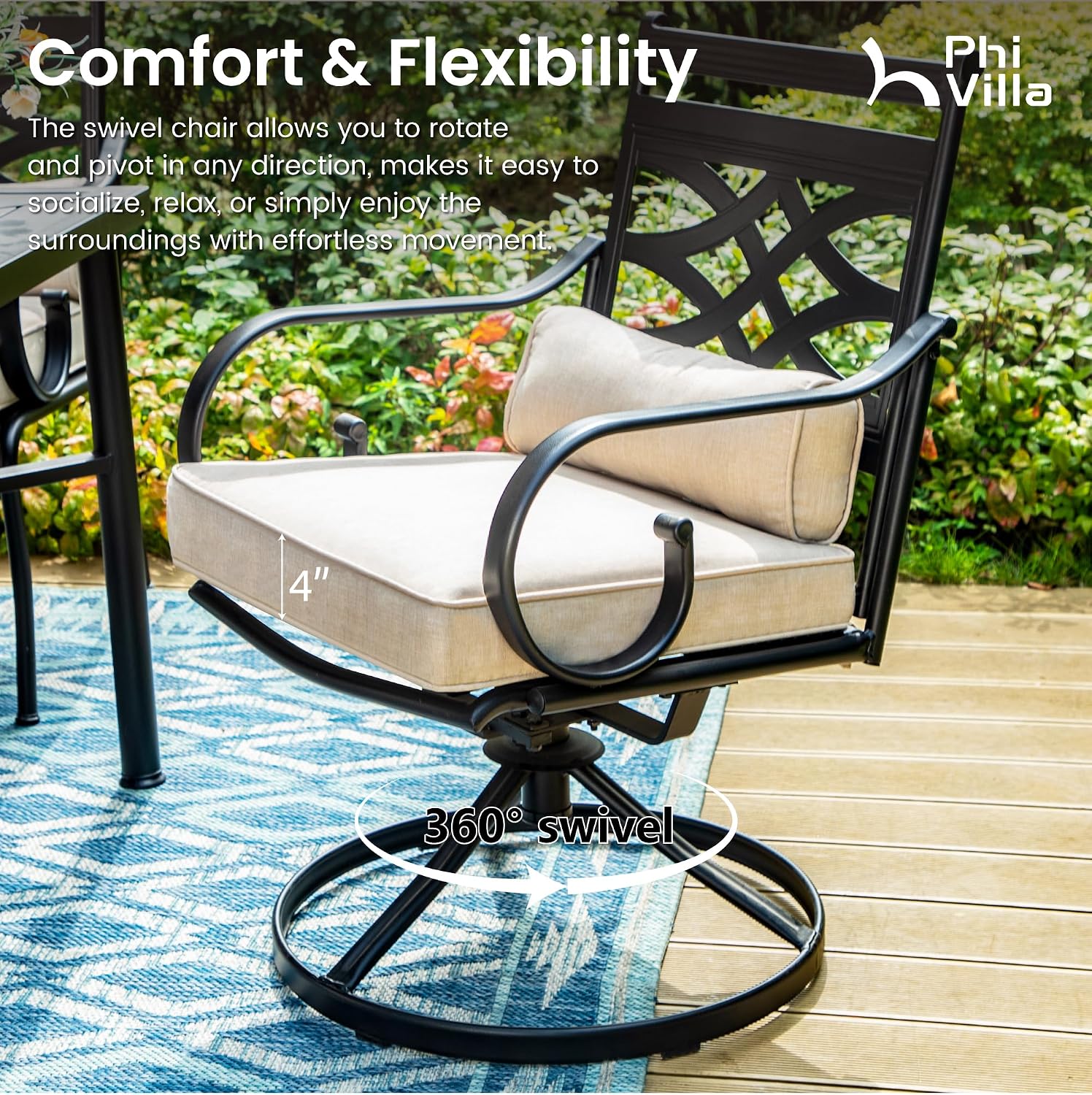 PHI VILLA 5 Pieces Outdoor Dining Set for 4, 37' Square Black Metal Table & Wrought Iron Swivel Chairs, All Weather Large Outside Furniture with Cushions & Pillows for Patio, Deck, Porch