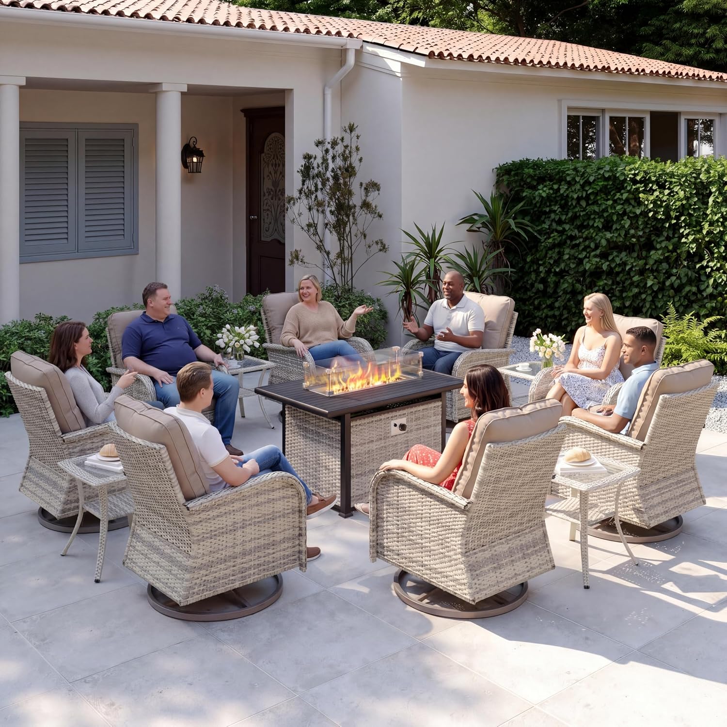 13Pcs Patio Rocking Swivel Chair with 55,000 BTU Fire Pit Table Outdoor Wicker Rattan Bistro Set with Tempered Glass Side Table, Outdoor Patio Furniture Set for Garden and Balcony, Beige