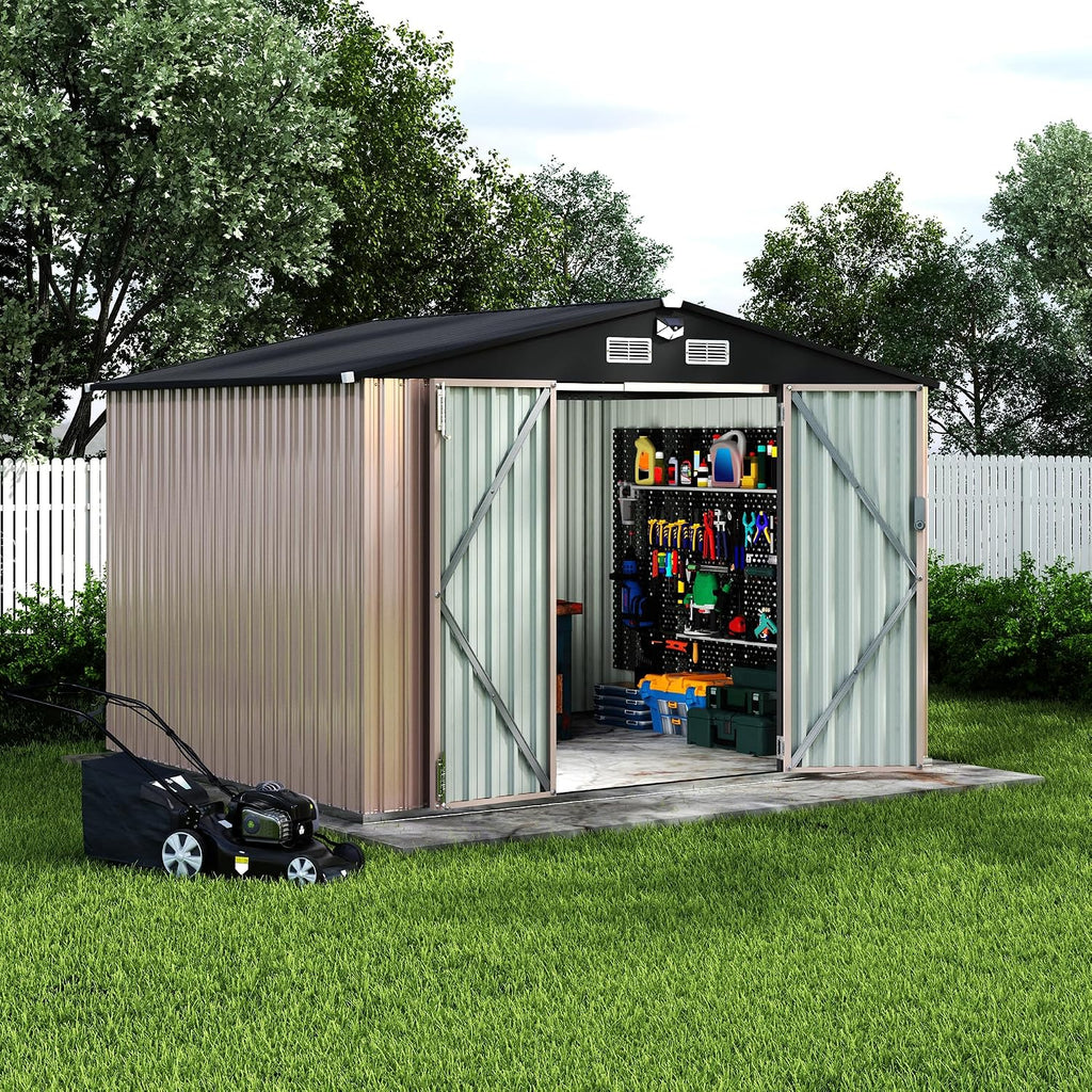 8x10 FT Metal Storage Sheds Outdoor, Metal Yard Sheds Metals Garden Shed Kit with Solar Light, MetalTool Shed with Lockable Door, Metals UtilitySheds Buildings with Air Vent for Backyard