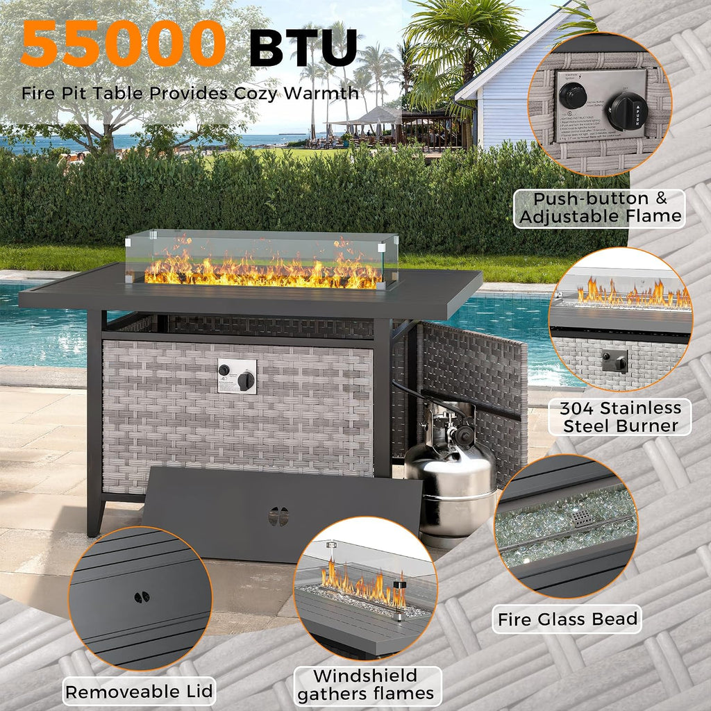 6-Seat Modern Outdoor Wicker Rattan Patio Furniture Set with 55,000 BTU Fire Pit Table, Thick 4″ Cushions, All-Weather Dual-Strand Rattan, Rust-Resistant Steel Frame,Beige