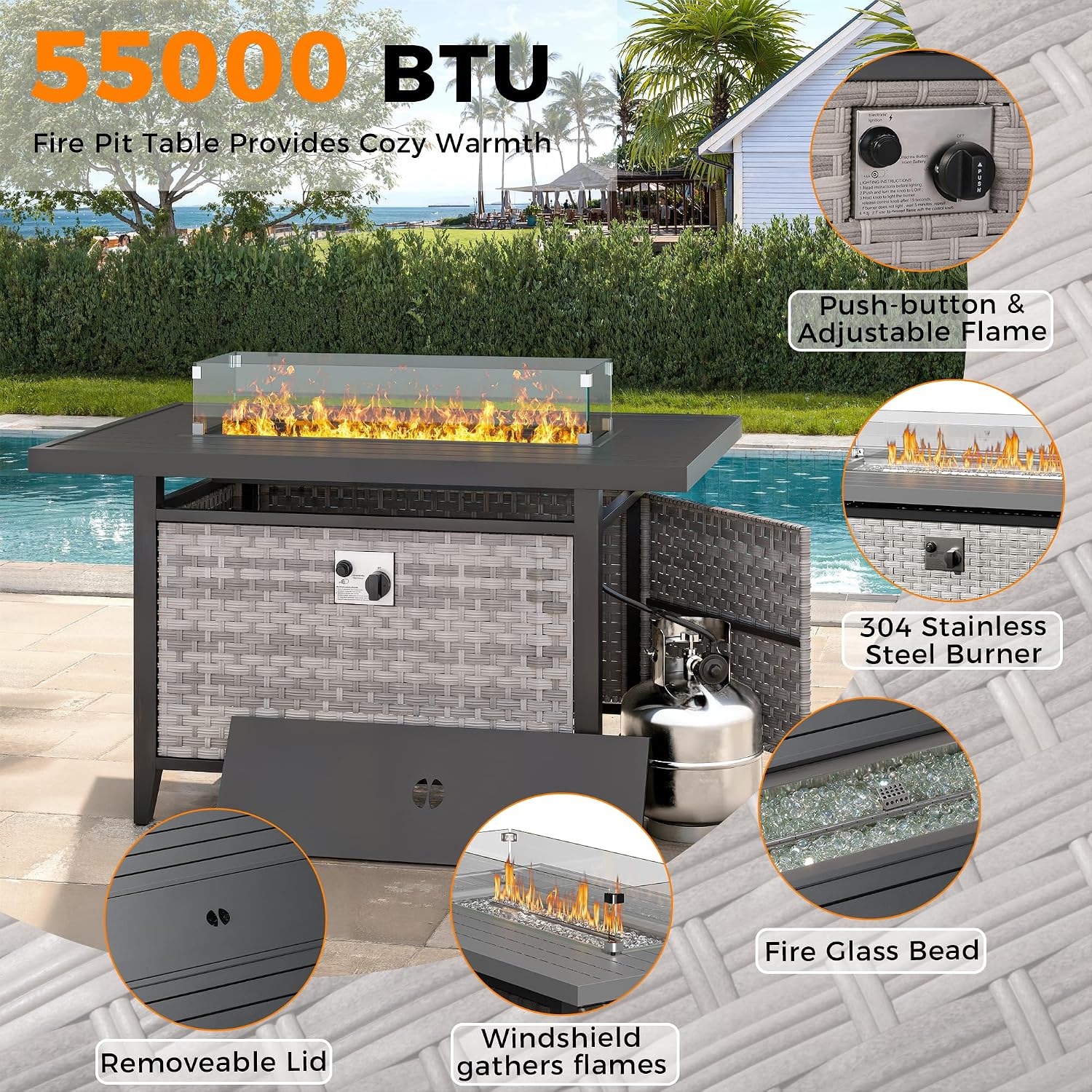 8-Seat Outdoor Wicker Patio Furniture Set with Fire Pit Table, Modular Rattan Sectional Sofa & 2 Swivel Rocking Chairs, 4' Thick Cushions, Rust-Resistant Frame,Beige