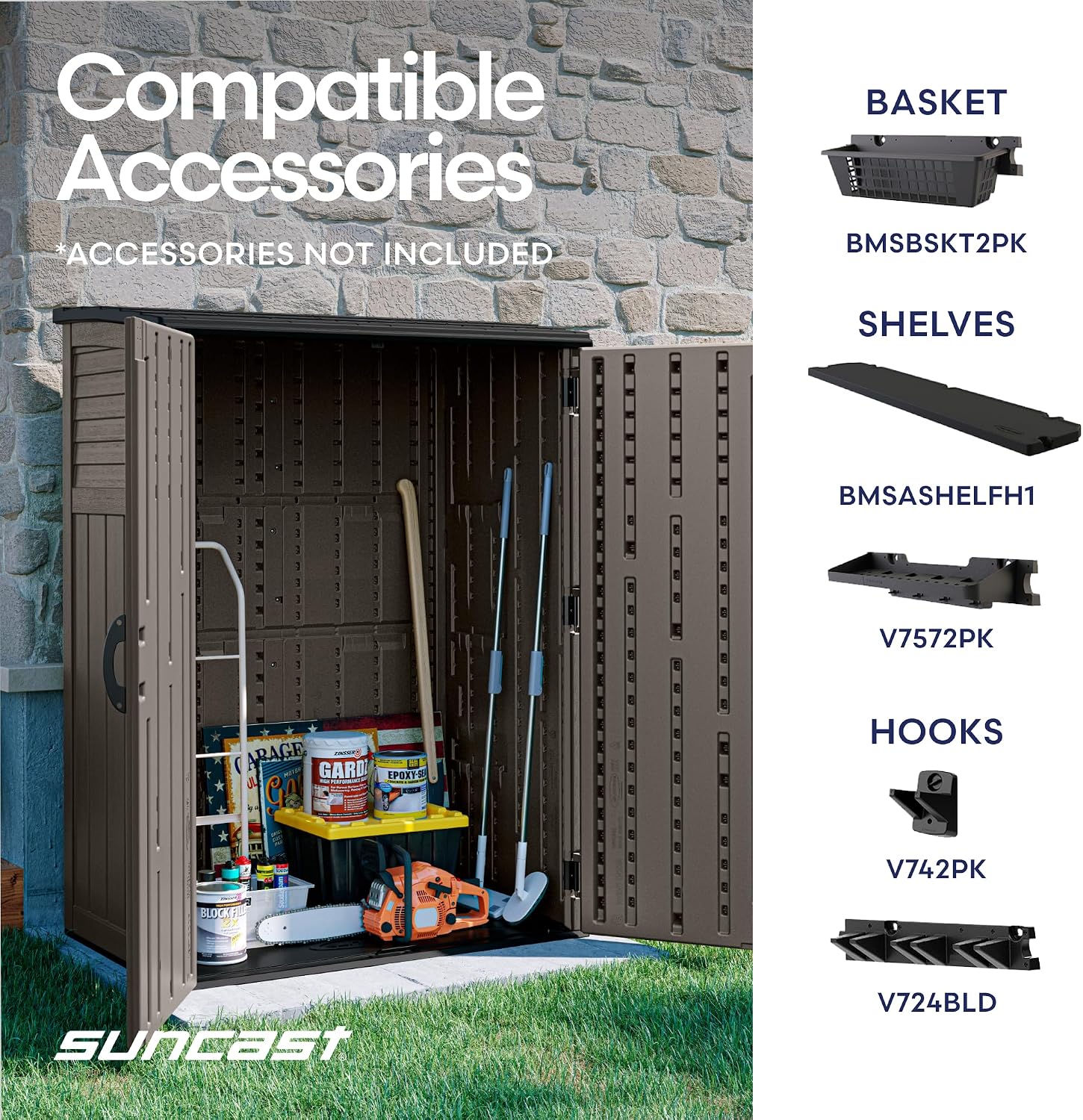 Suncast Outdoor Storage Cabinet Waterproof Resin Vertical Outdoor Storage Shed (54 cu. ft.) for Patio, Garden Tools, Cushions, & Equipment. Weatherproof Plastic Multi-Wall Design, Capacity Made in USA