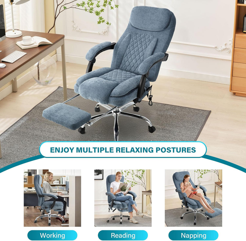 6-Point Massage Office Chair with Heated, Ergonomic Office Chair with Footrest & 45°Reclining High Back, Big and Tall Executive Office Chair 500LBS, Thick Cushion Desk Chair for Home Office, Blue